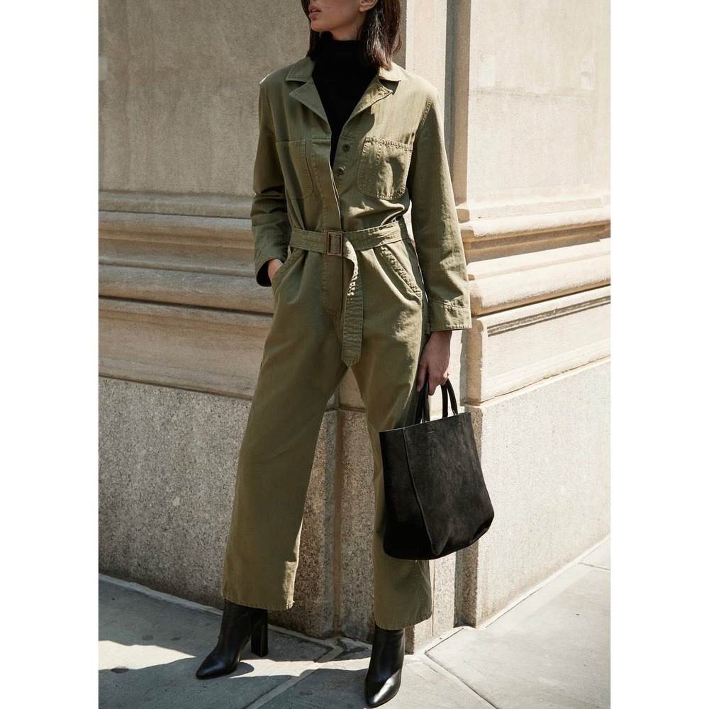 NILI LOTAN Marie Belted Utility Coverall Long Sleeve Jumpsuit in Uniform Green
